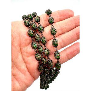 Vintage Green Glass Beads In Ornate Metal Filigree Cage Necklace
